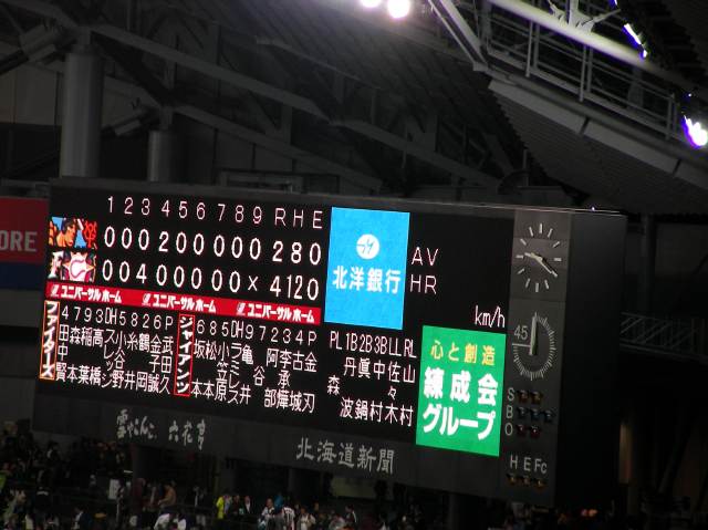 試合終了後のスコアボード（21時20分）